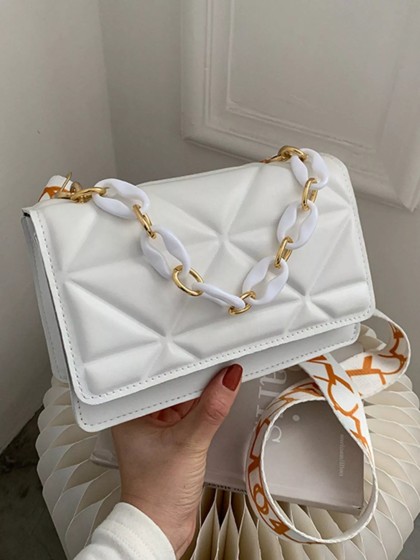 Fashorio White / One Size Quilted Adjustable Strap Crossbody Bag