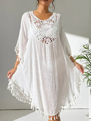 Fashorio White / One Size Tassel Cutout Scoop Neck Cover-Up Dress