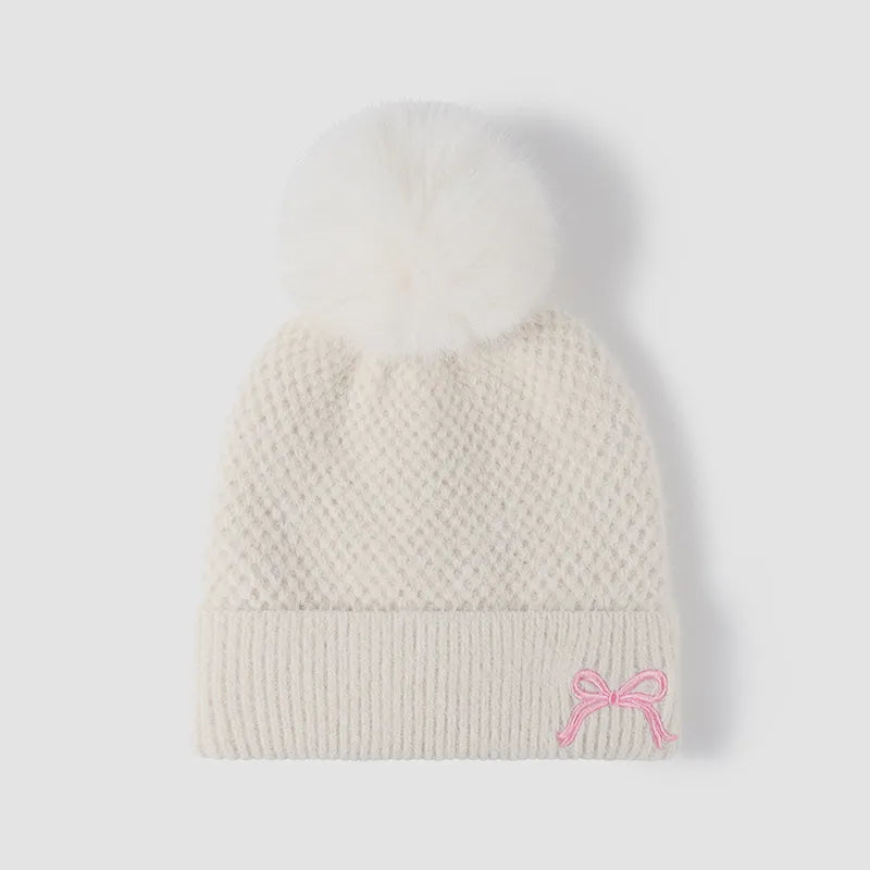 Fashorio White / One Size Thermal Bow Knit Hat with Pompom