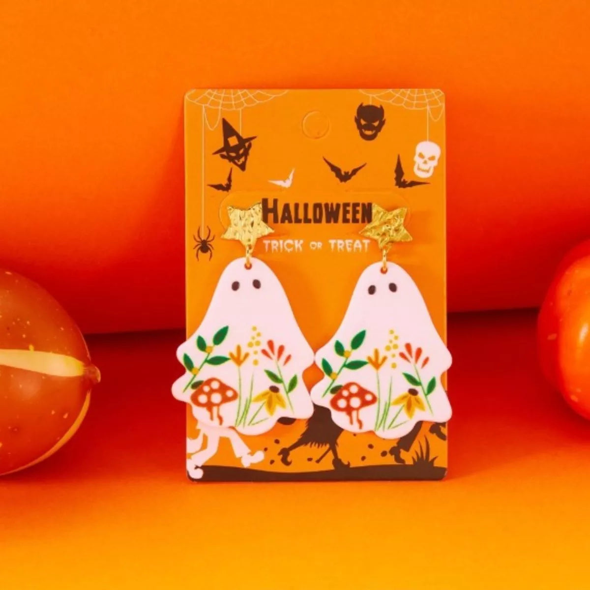 Fashorio White / One Size Whimsical Ghost Earrings with Floral Design