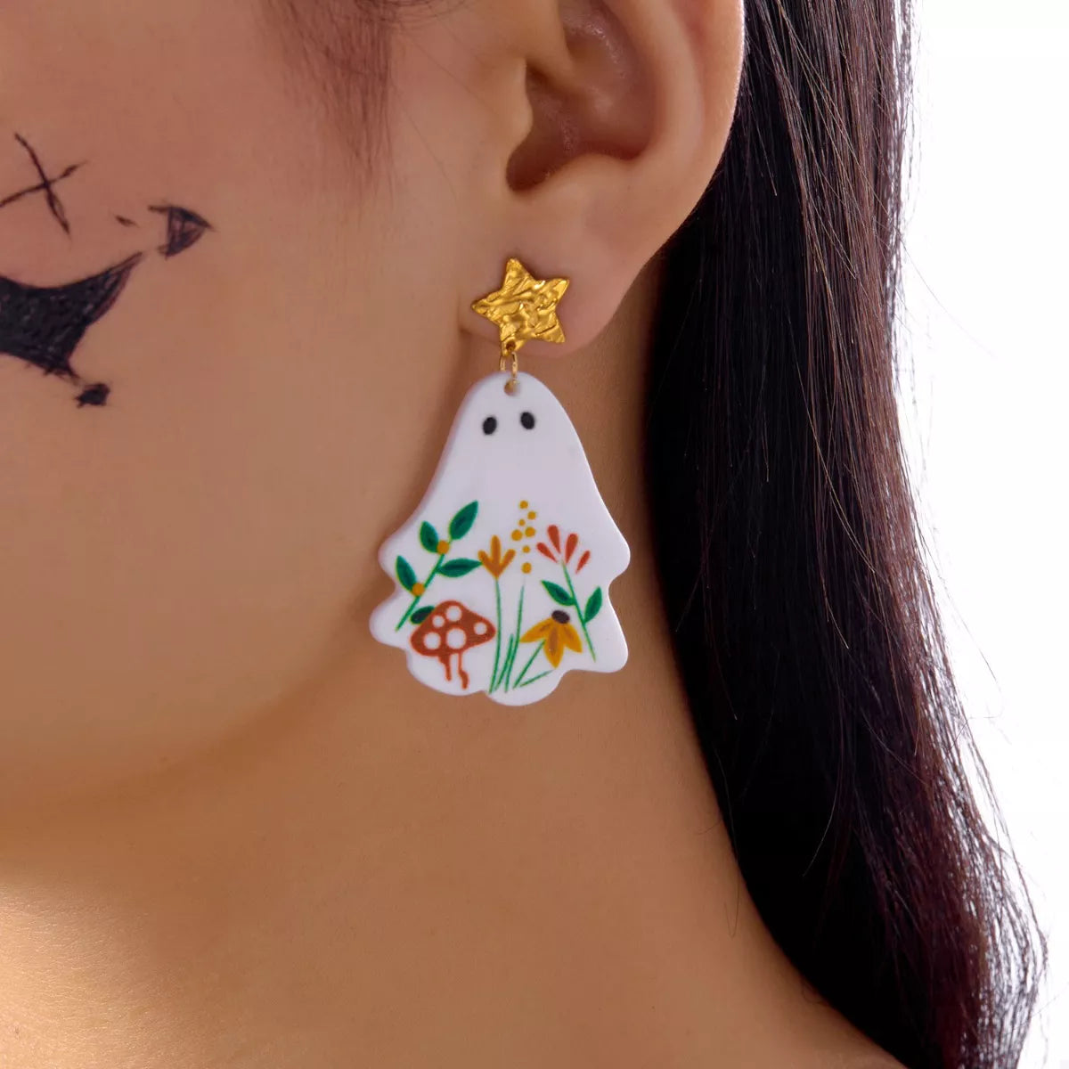 Fashorio White / One Size Whimsical Ghost Earrings with Floral Design