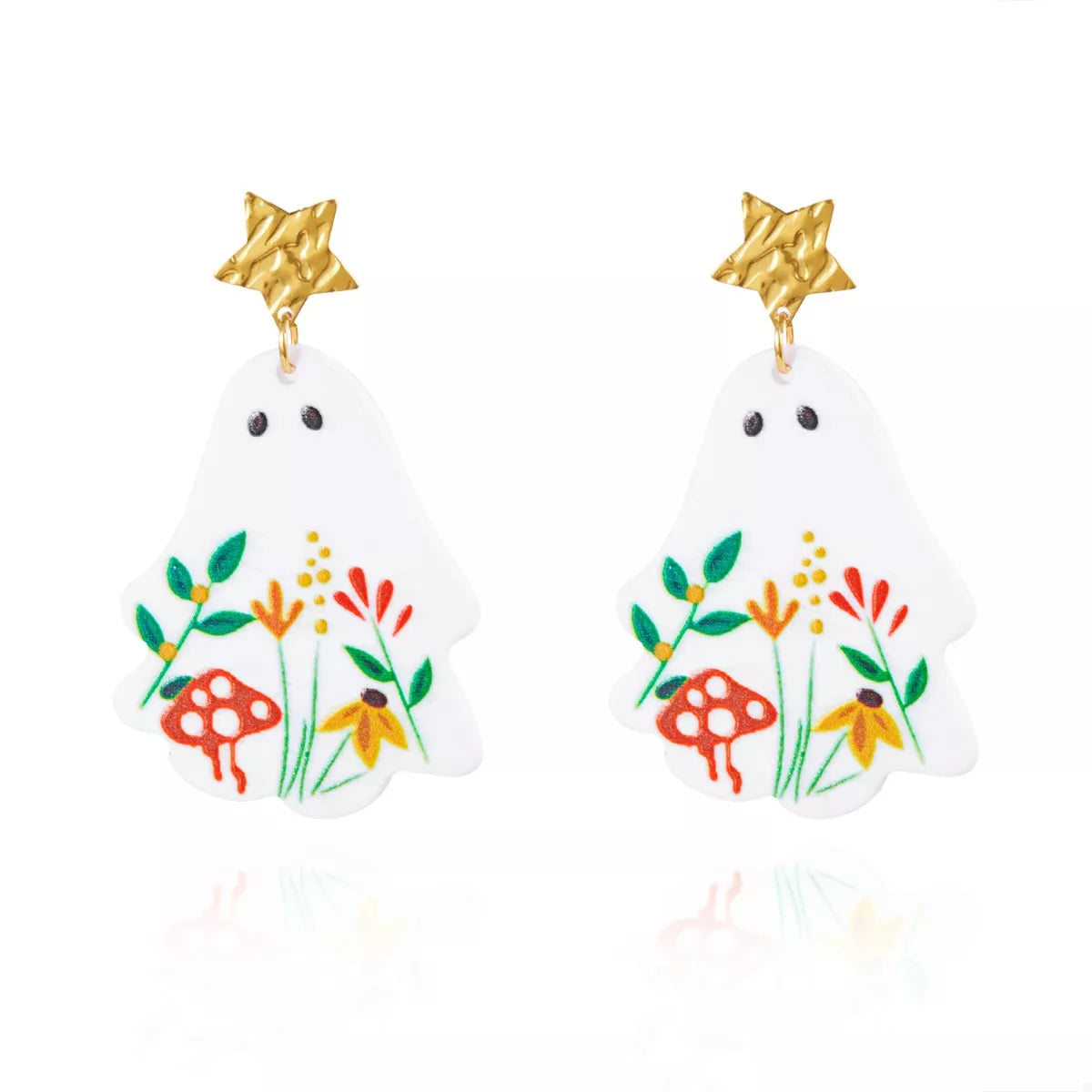 Fashorio White / One Size Whimsical Ghost Earrings with Floral Design