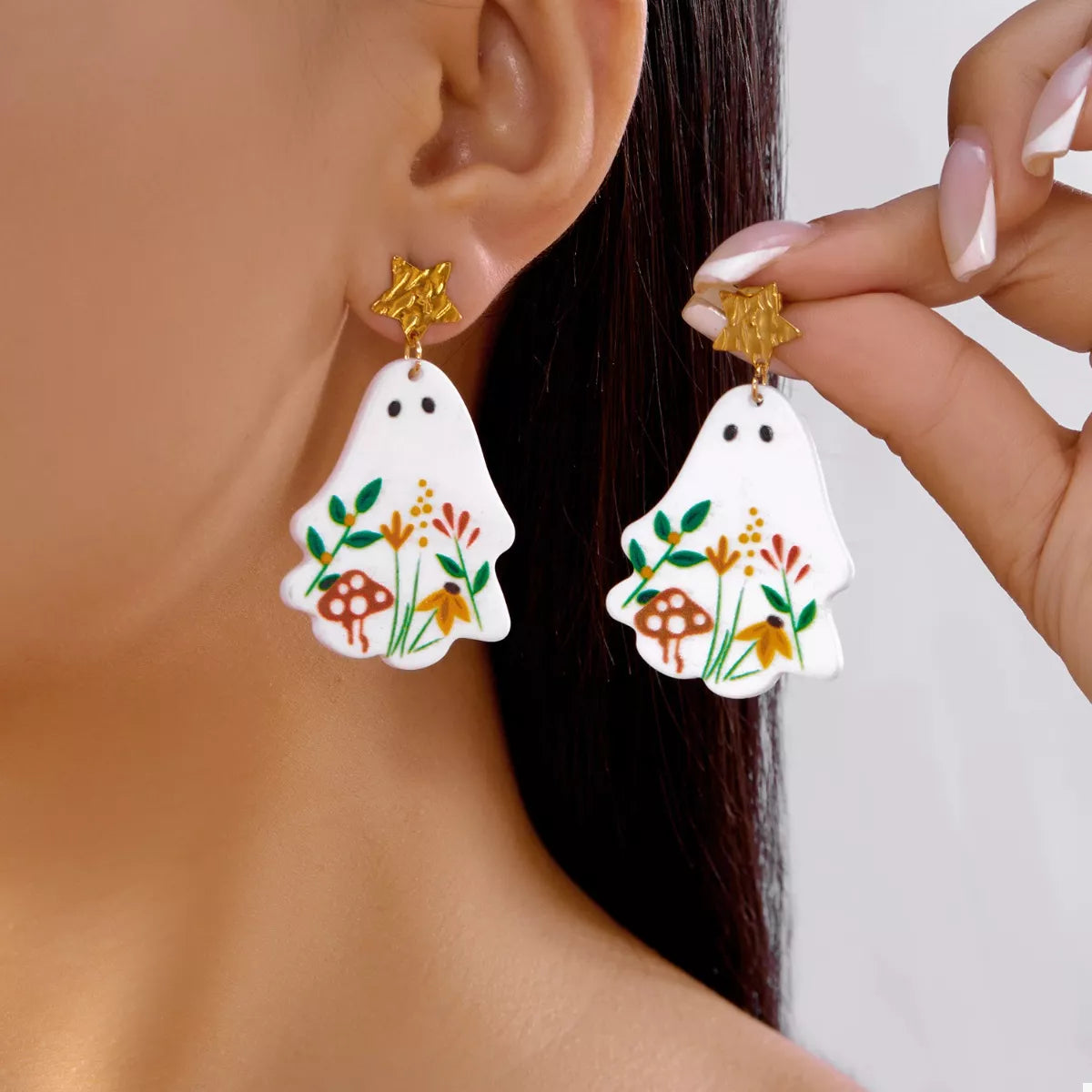 Fashorio White / One Size Whimsical Ghost Earrings with Floral Design