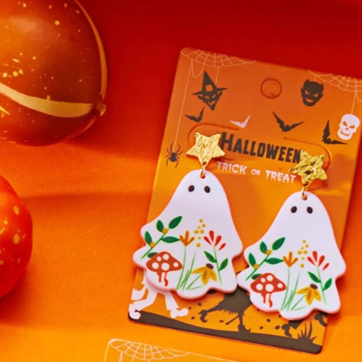 Fashorio White / One Size Whimsical Ghost Earrings with Floral Design