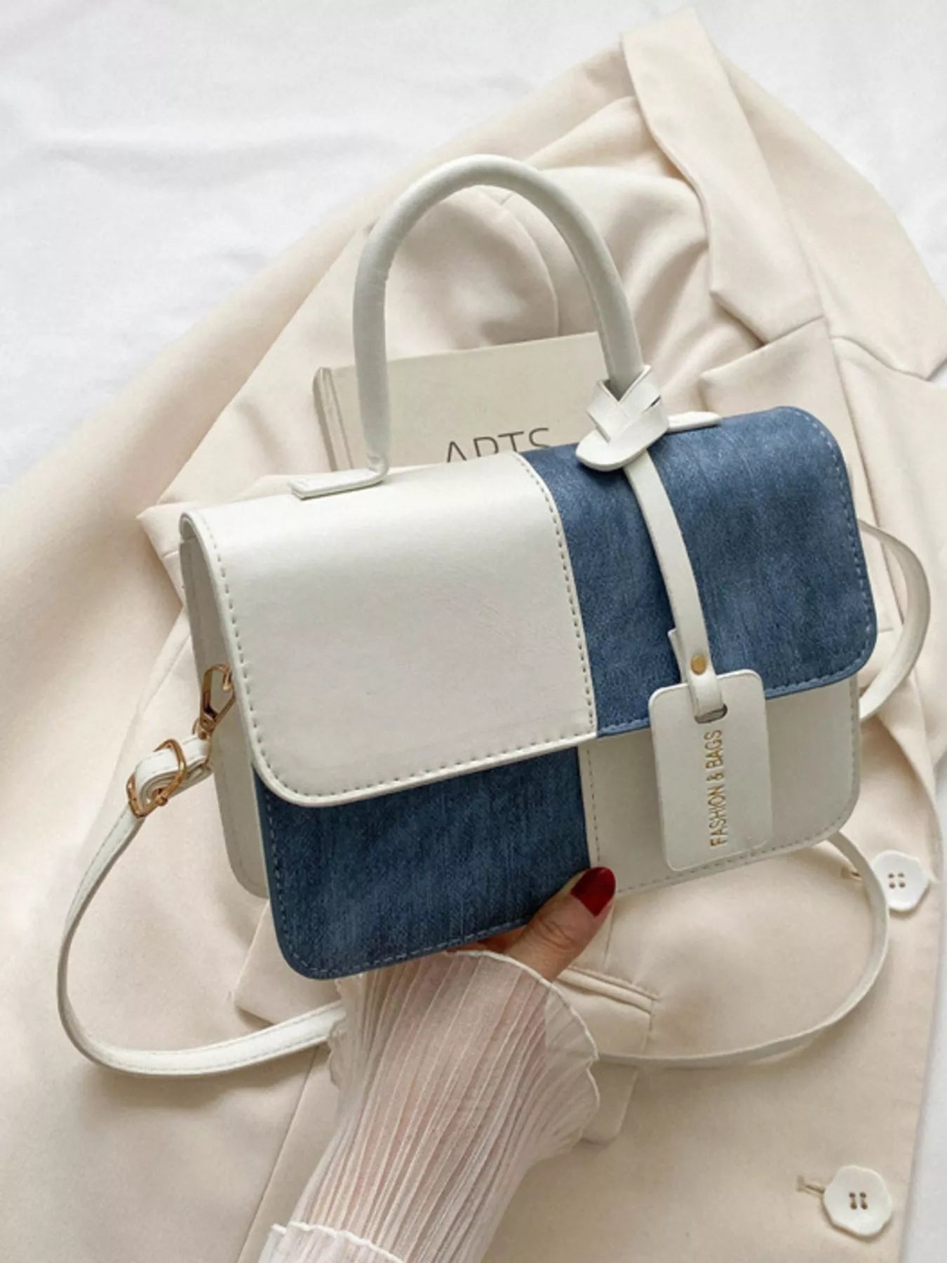 Fashorio White / onesize Two-Tone PU Leather Crossbody Bag