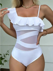 Fashorio White / S Asymmetrical Ruffled One-Piece Swimwear