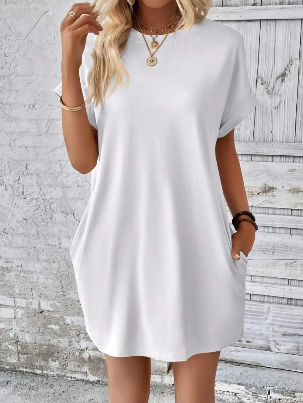 Fashorio White / S Casual Pocketed Short Sleeve Dress – Relaxed Everyday Comfort