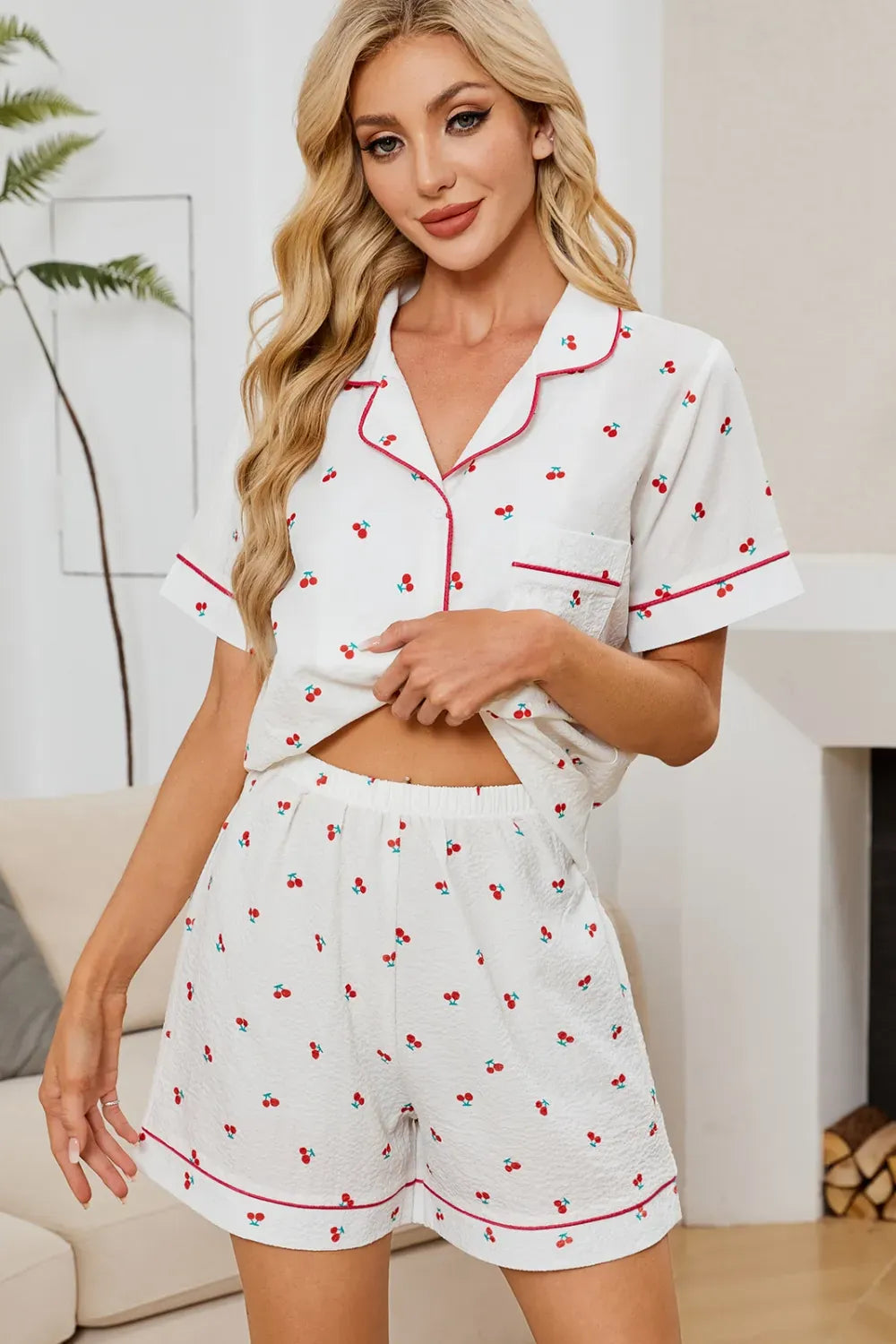 Fashorio White / S Cheery Print Collared Neck Top and Shorts Lounge Set