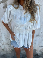 Fashorio White / S Full Size Smocked Puff Sleeve Blouse Plus Size