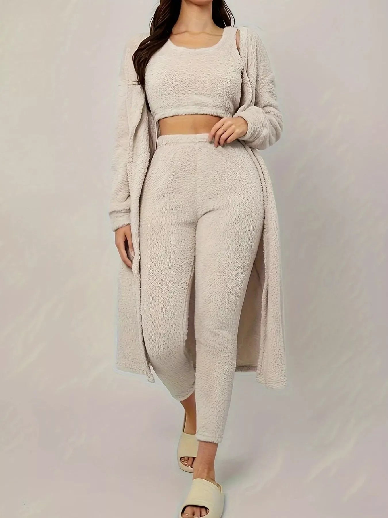 Fashorio White / S Fuzzy Tank Long Sleeve Cardigan and Pants 3-Piece Lounge Set