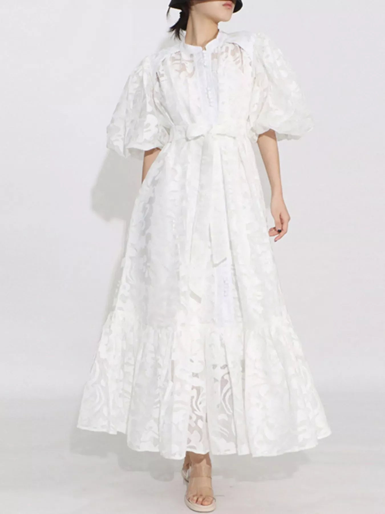 Fashorio White / S Lace Puff Sleeve Tie Waist Maxi Dress