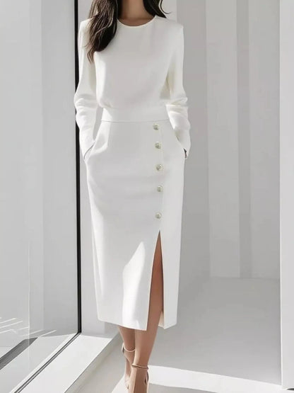 Long Sleeve Button Detail Midi Dress with Side Slit White - Fashorio
