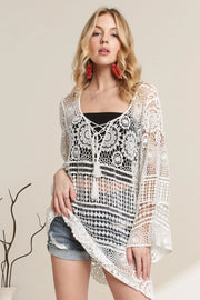 Fashorio WHITE / S/M ADORA Front Lace Up Crochet Cover Up