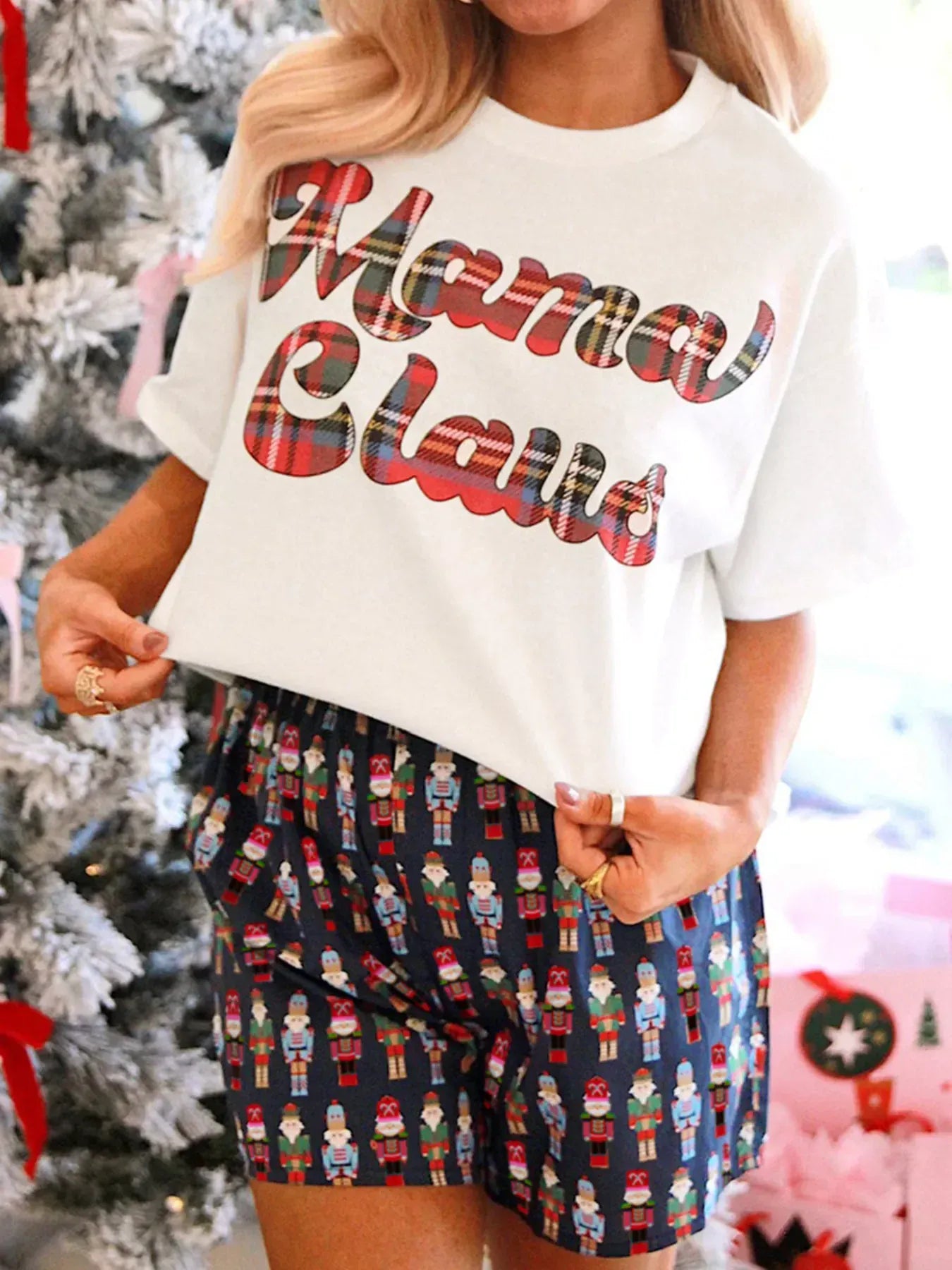 Fashorio White / S Mama Claus Plaid Letter Tee and Nutcracker Shorts 2pcs Lounge Set