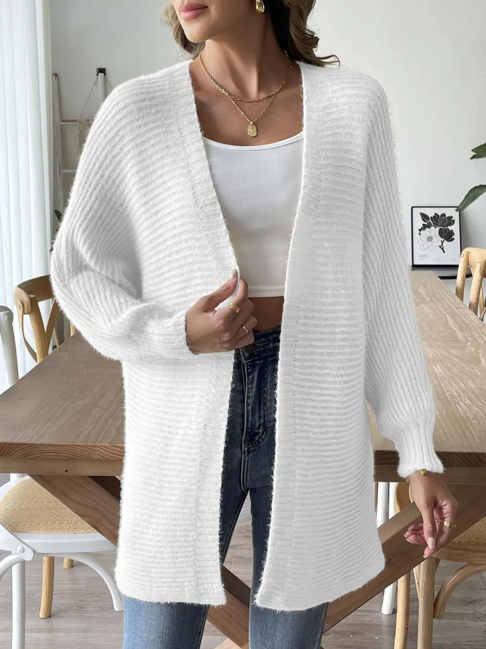 Fashorio White / S Open Front Long Sleeve Cardigan