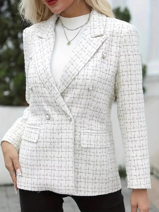 Plaid Double-Breasted Tweed Blazer White - Fashorio