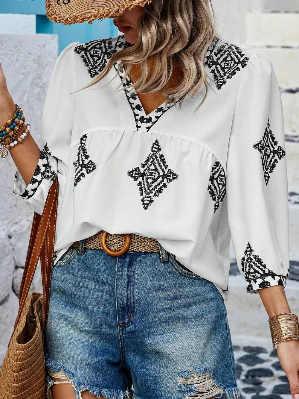 Fashorio White / S Printed V-Neck Three-Quarter Sleeve Blouse