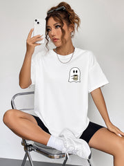 Fashorio White / S Round Neck Short Sleeve Ghost Graphic T-Shirt