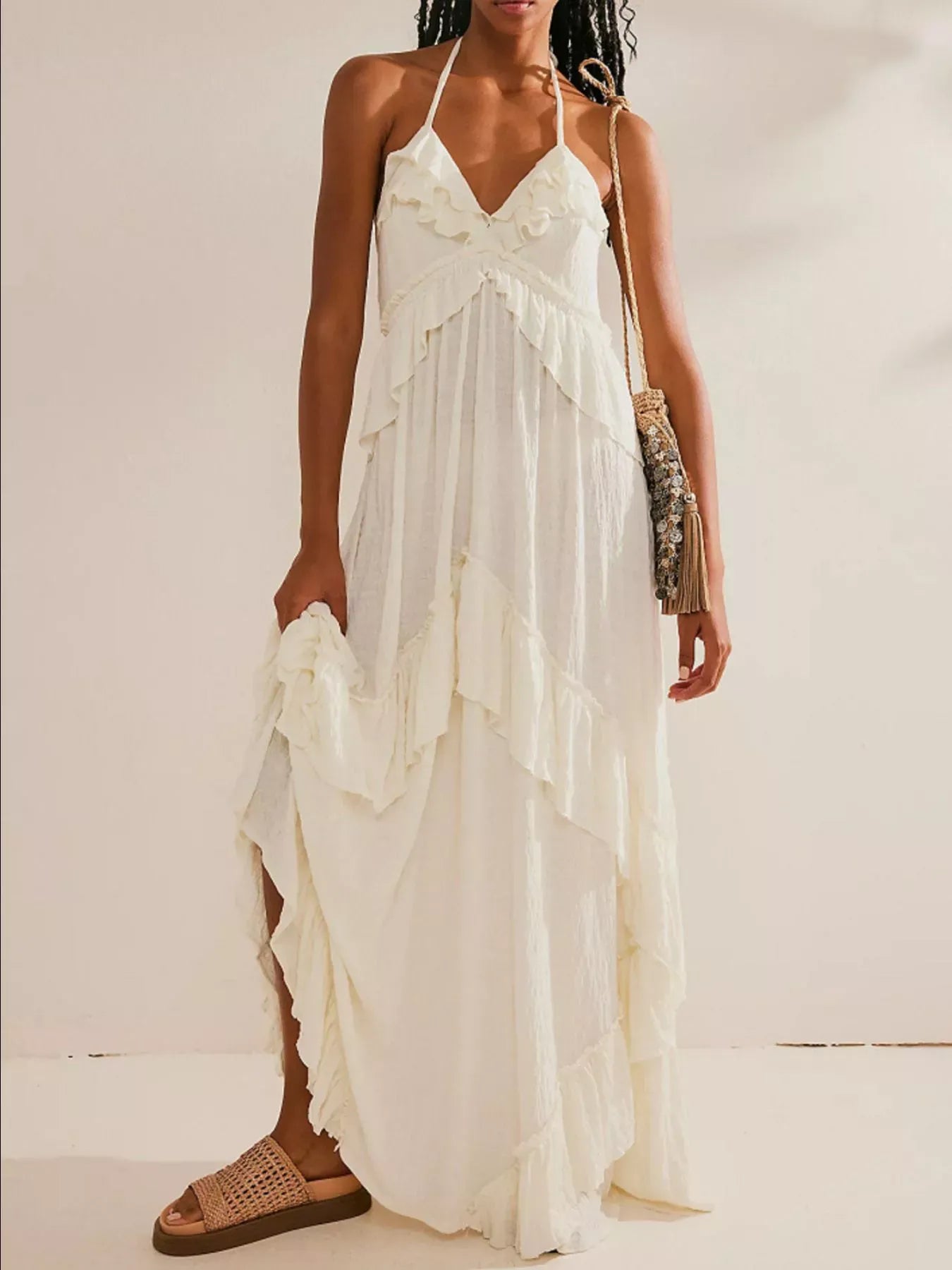 Fashorio White / S Ruffled Halter Neck Maxi Dress