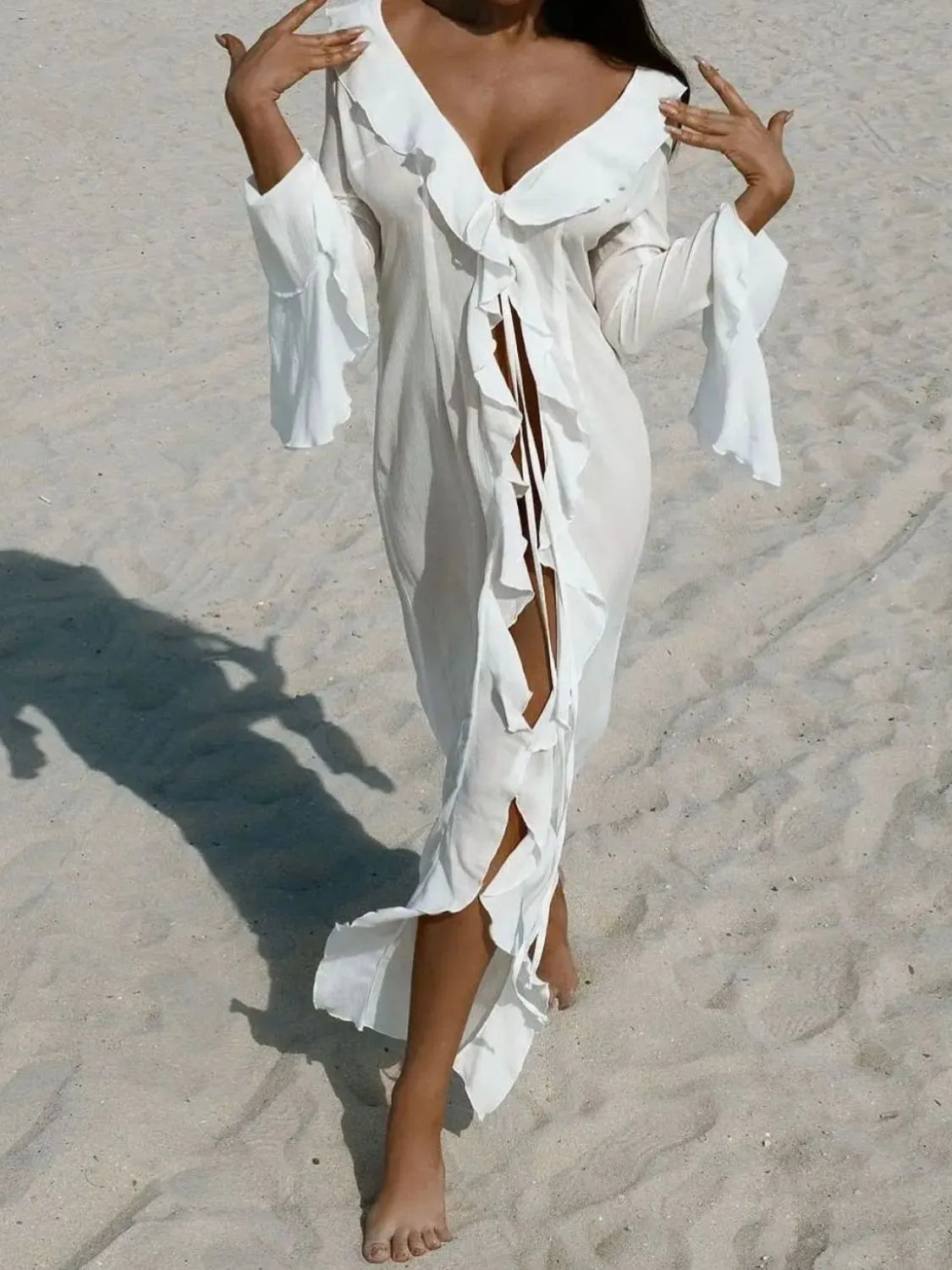 Fashorio White / S Ruffled Long Sleeve Cover-Up Dress
