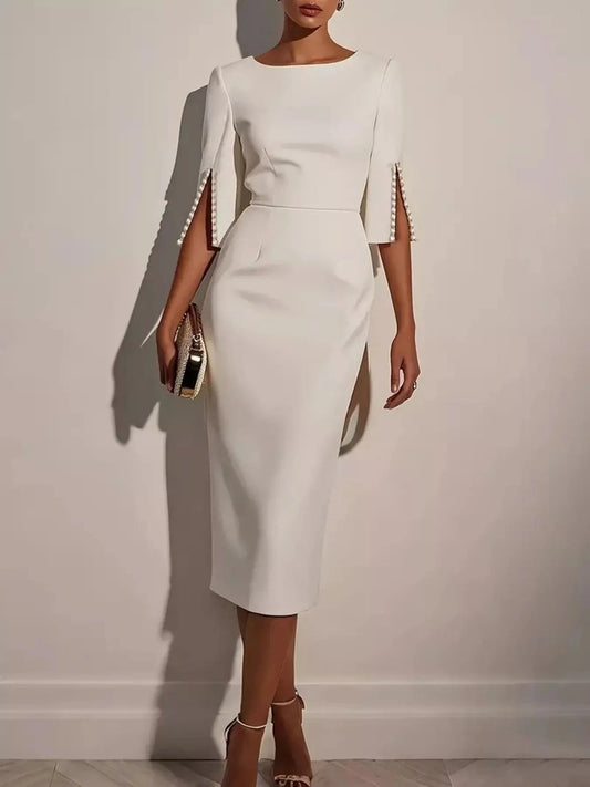 Slim-Fit Elegant Midi Dress with Beaded Slit Sleeve White - Fashorio