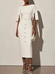 Fashorio White / S Slit Sleeve Midi Dress with Decorative Button