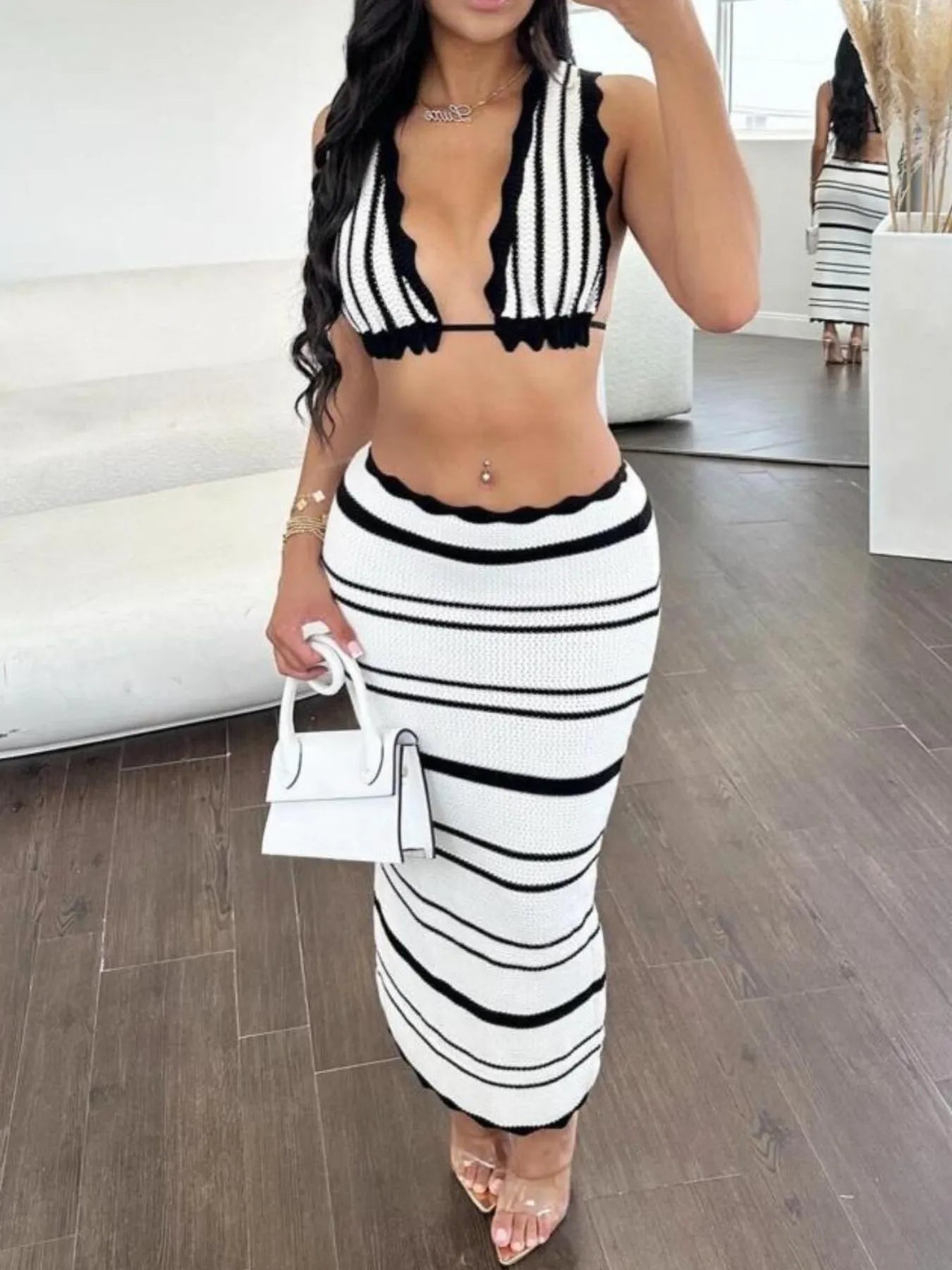 Fashorio White / S Striped Cami and Midi Skirt Sweater Set