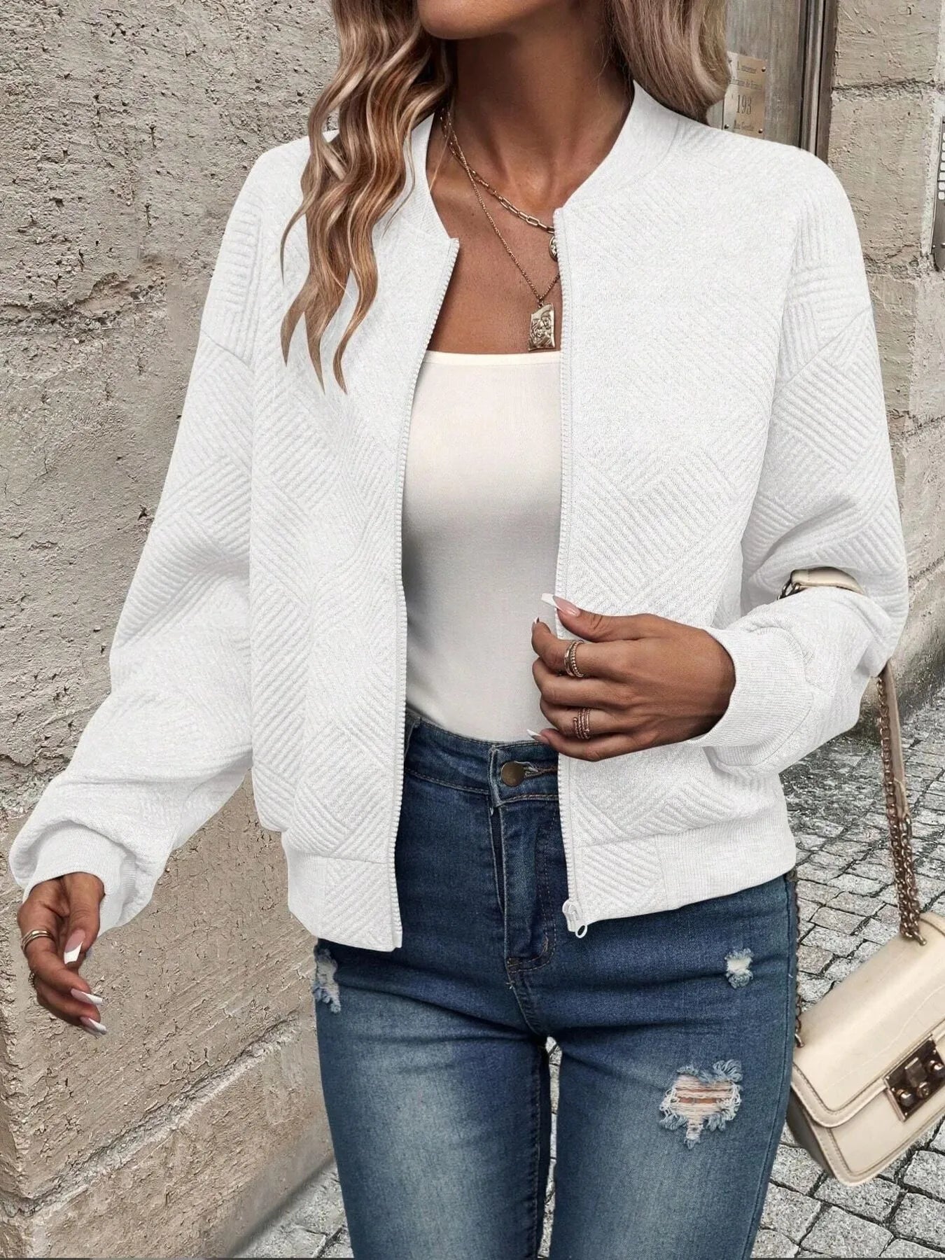 Fashorio White / S Textured Zip-Up Long Sleeve Jacket for Casual Layering
