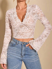 Fashorio White / S V-Neck Flare Sleeve Lace Top