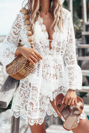 Fashorio White / S V-Neck Lace Cover-Up Dress