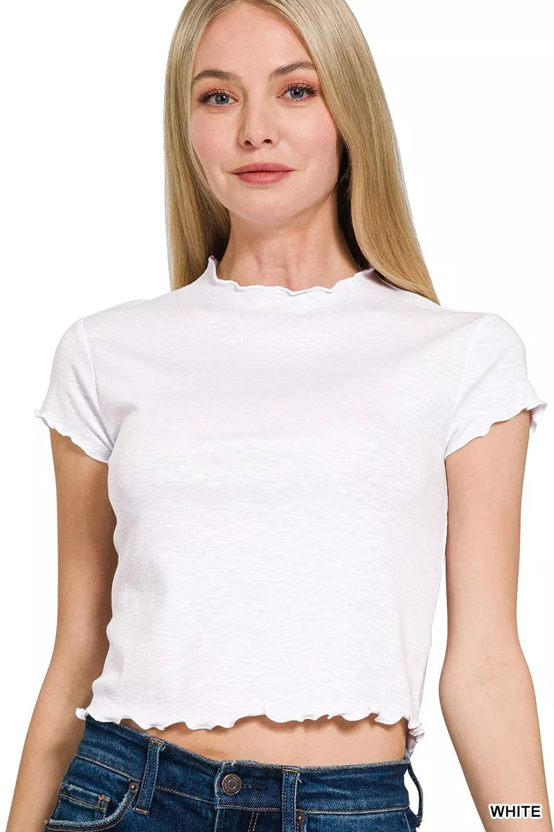 Fashorio WHITE / S Zenana Cotton Modal Slub Lettuce Trimmed Cropped T-Shirt