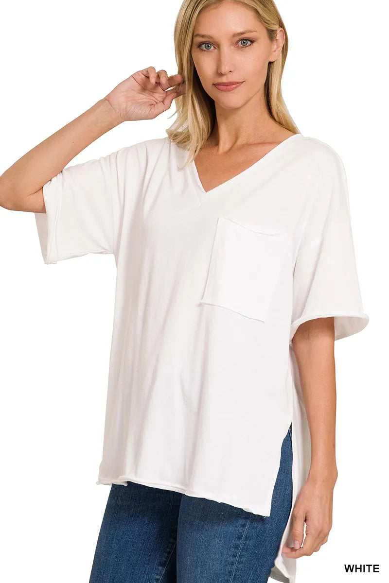 Fashorio WHITE / S Zenana Front Pocket Raw Edge Boyfriend Tee
