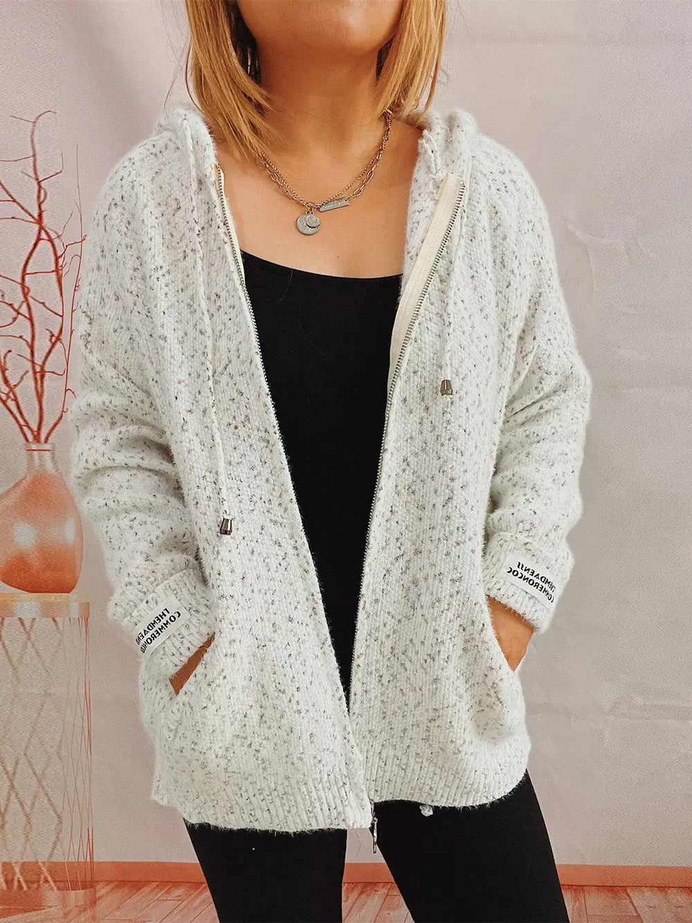 Fashorio White / S Zip Up Drawstring Long Sleeve Hooded Sweater