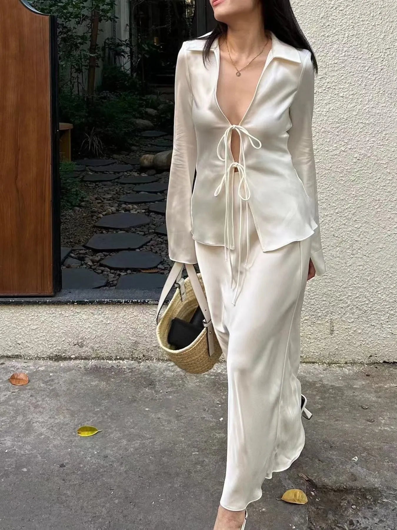 Fashorio White / XS Satin Tie-Front Long Sleeve Shirt