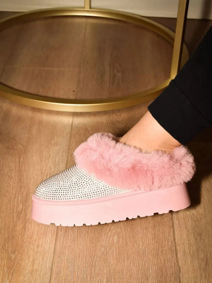 WILD DIVA Embellished Faux Fur Platform Booties - Fashorio