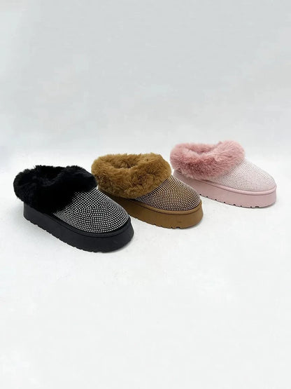 WILD DIVA Embellished Faux Fur Platform Booties - Fashorio