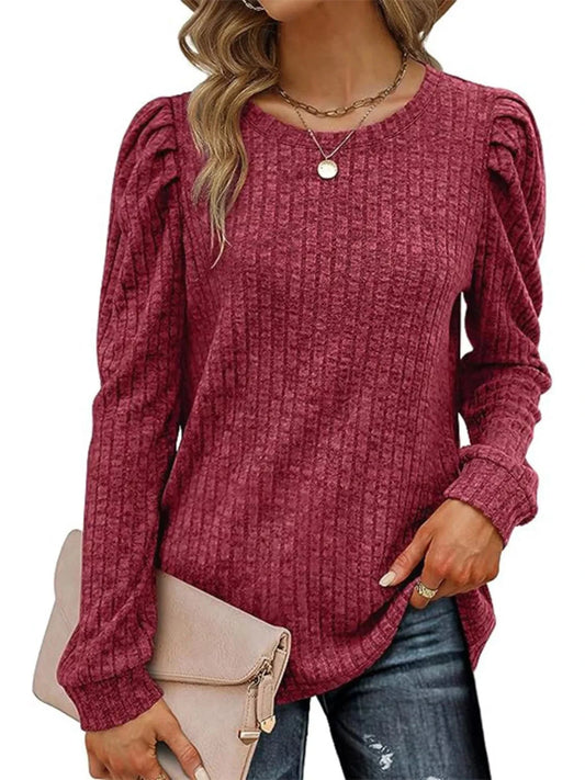 Ribbed Knit Top with Puff Sleeves Wine Red - Fashorio