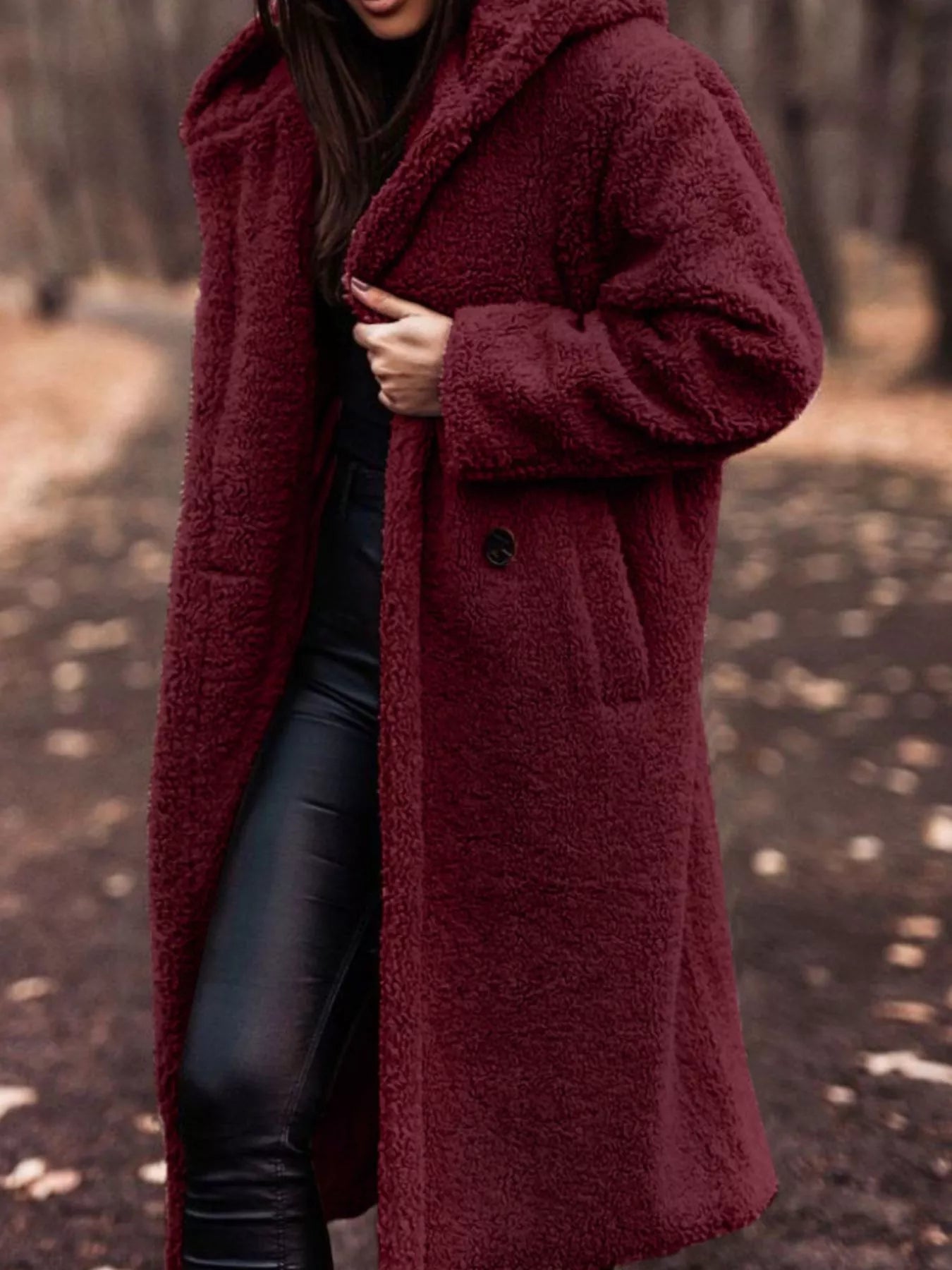 Fashorio Wine Red / S Teddy Bear Hooded Longline Outerwear