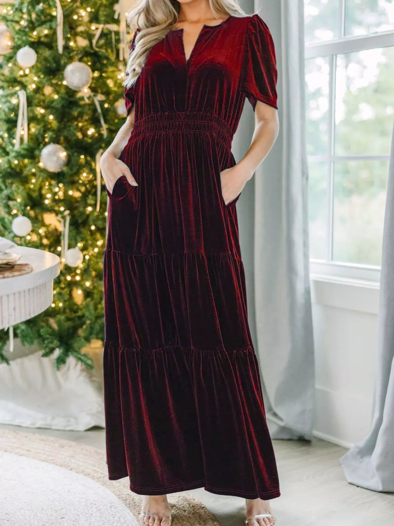 Fashorio Wine Red / S Velvet Tiered Short Sleeve Maxi Dress