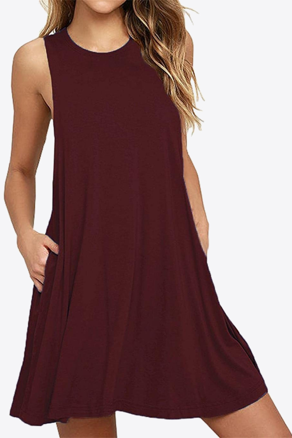 Fashorio Wine / S Full Size Round Neck Sleeveless Dress with Pockets