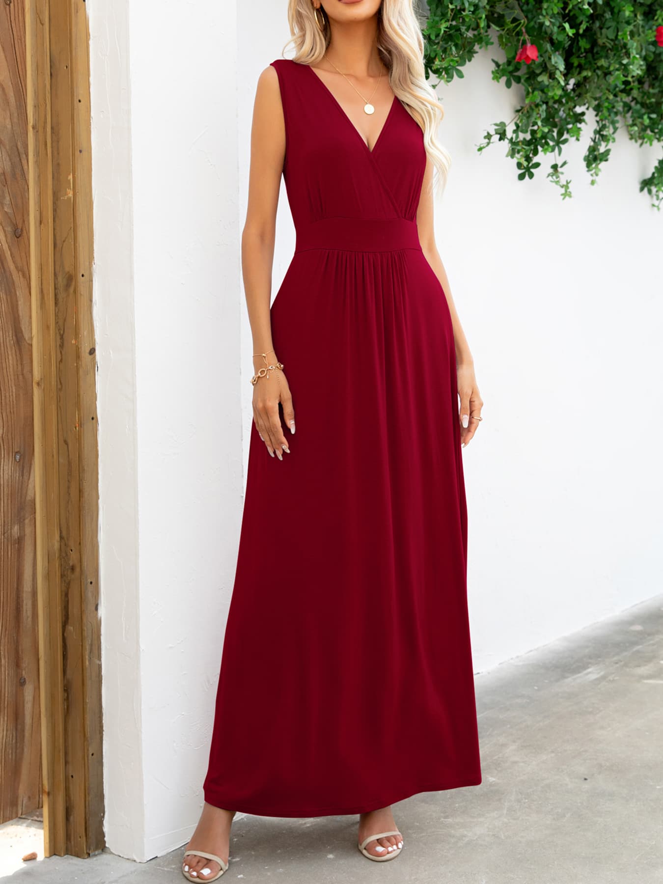 Fashorio Wine / S Surplice Neck Sleeveless Maxi Dress