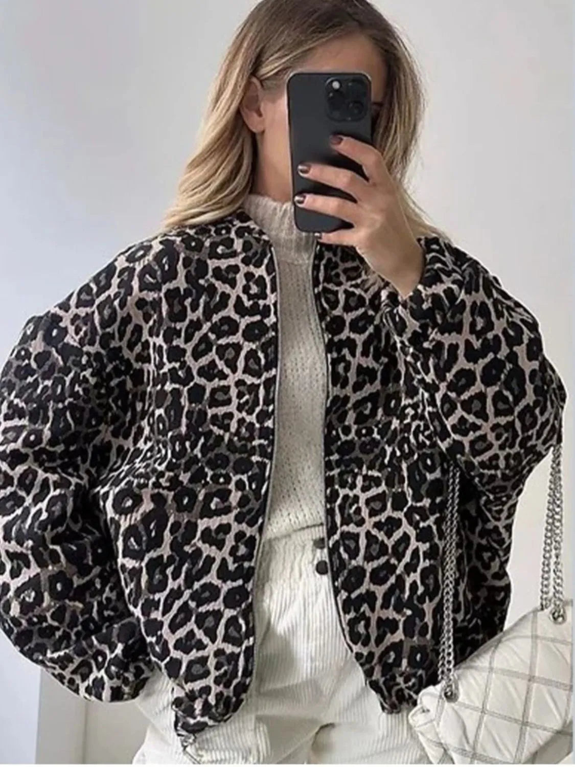 Fashorio Women’s Leopard Print Oversized Bomber Jacket