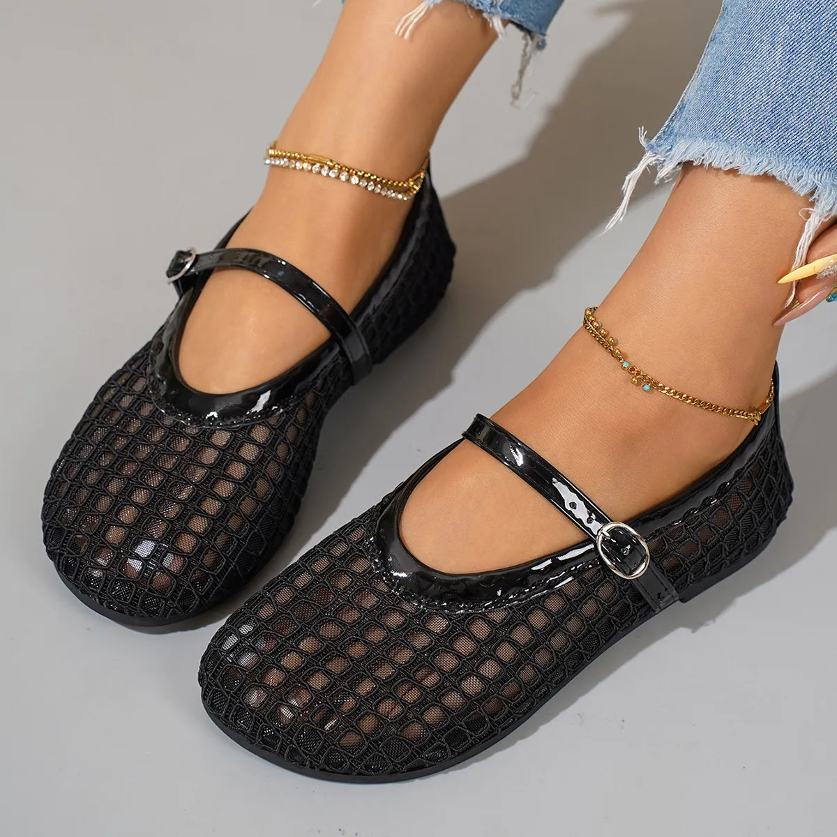 Fashorio Woven Mesh Mary Jane Sandals with Buckle Strap
