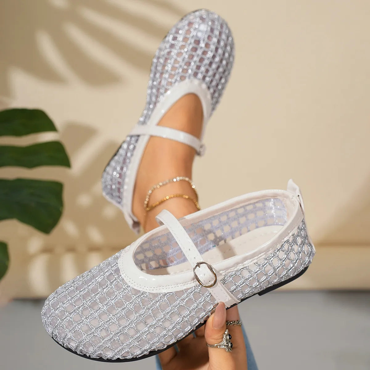 Fashorio Woven Mesh Mary Jane Sandals with Buckle Strap