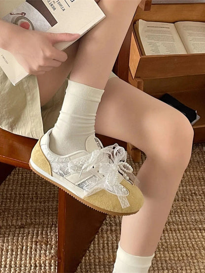 Vintage Lace Ribbon Sneakers Yellow - Fashorio