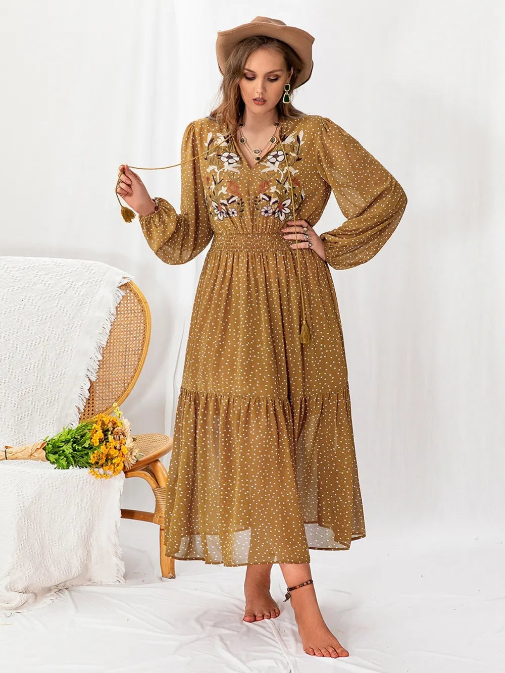 Fashorio Yellow-Green / 0XL Plus Size Polka Dot Tie Neck Balloon Sleeve Maxi Dress