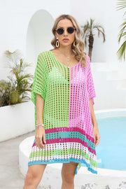 Fashorio Yellow-Green / One Size Contrast Scoop Neck Openwork Half Sleeve Cover Up