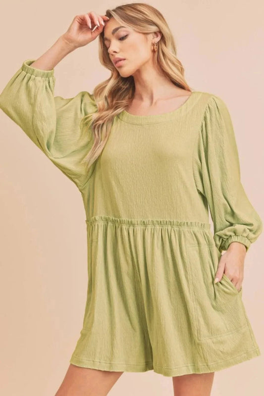 Aemi + Co Frill Round Neck Long Sleeve Romper with Pockets Yellow-Green - Fashorio