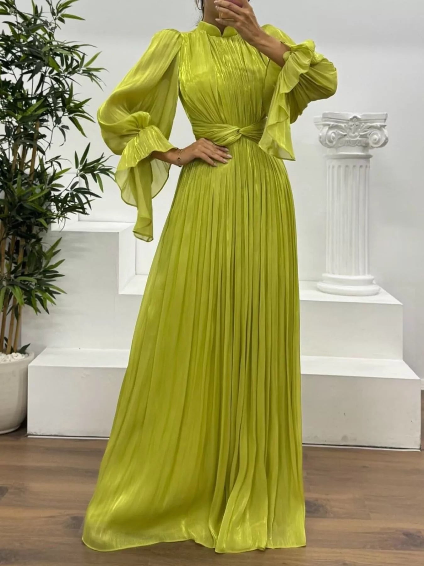 Fashorio Yellow-green / S Pleated Mock Neck Long Sleeve Maxi Dress