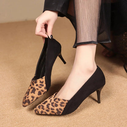 Point Toe Suede Pumps Yellow Leopard Print - Fashorio